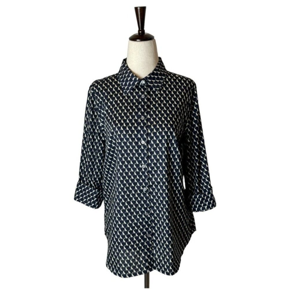 Talbots Shirt Women Size 8 Navy Blue Dog Print Roll Tab Sleeve Button Down Top
